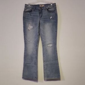 LEI Blue Lowrise Slim Boot Jeans Distressed